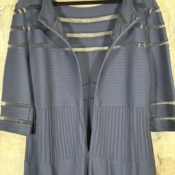 Tadashi Shoji Too Navy Blue Dress 1X Plus Size‎ Pleated Mesh Trim Party Formal